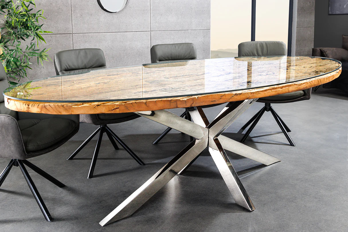 
Solid, oval dining table "Shark" 220 x 100 cm - stainless steel, recycled teak including glass top
