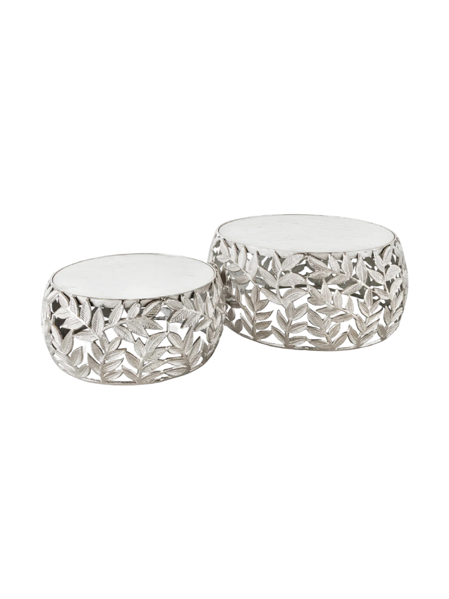 
Set di tavolini da salotto di design «Abstract Leaf» (2 pezzi) - Argento / Piastra di marmo Bianca