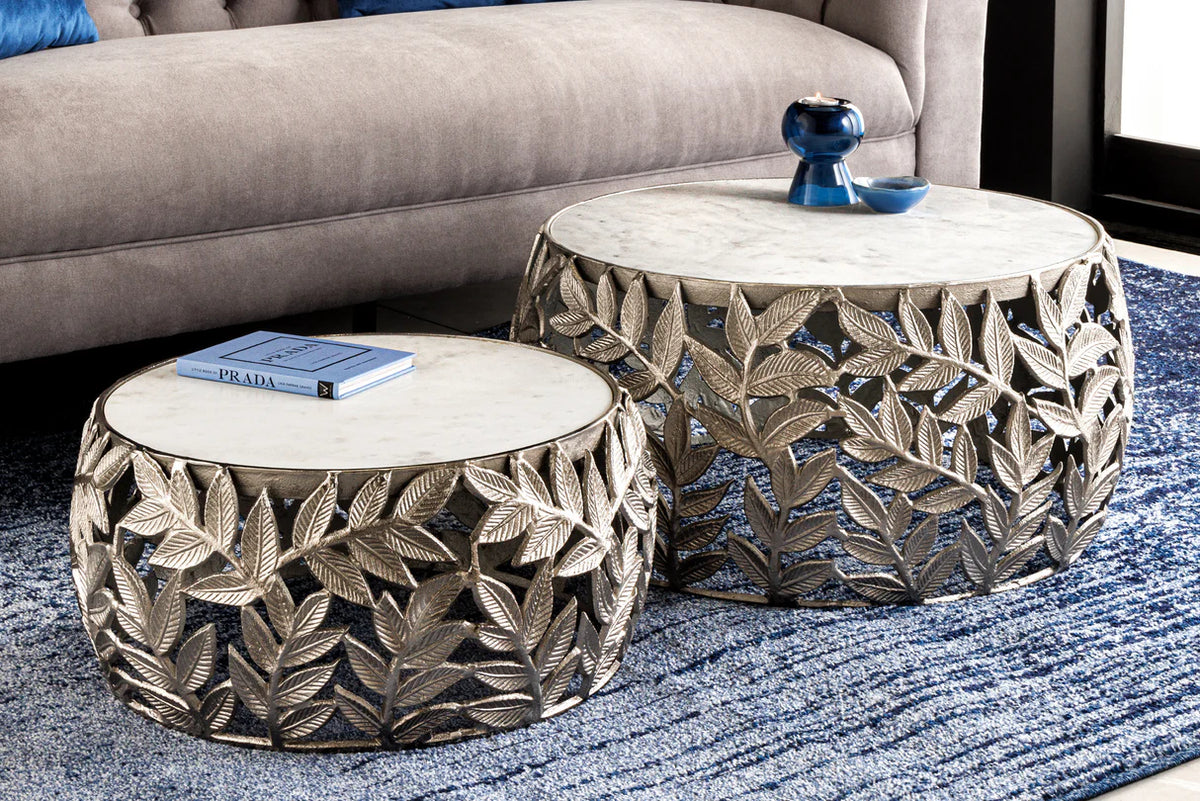 
Set di tavolini da salotto di design «Abstract Leaf» (2 pezzi) - Argento / Piastra di marmo Bianca