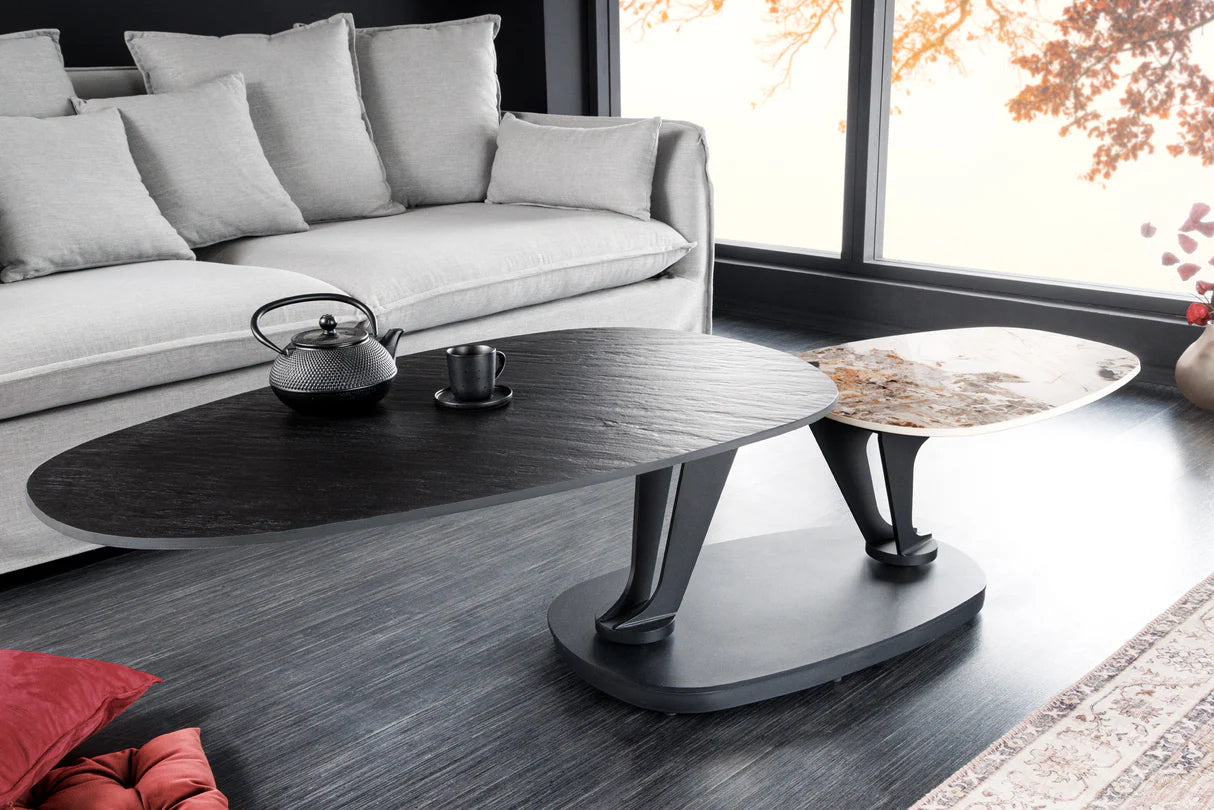 
Swiveling Ceramic Design Coffee Table "Dancing Oval" - Black / Natural Stone