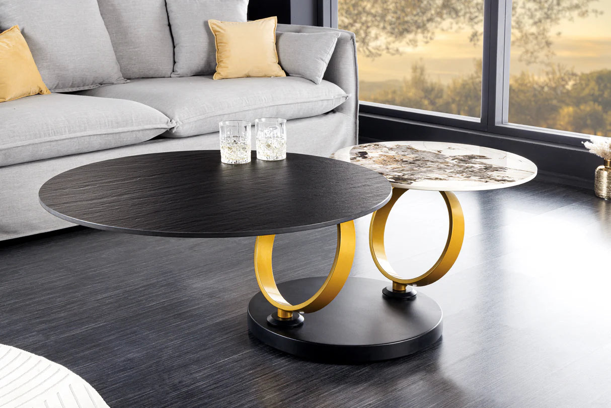 
Swiveling Ceramic Design Coffee Table "Dancing" - Black / Natural stone