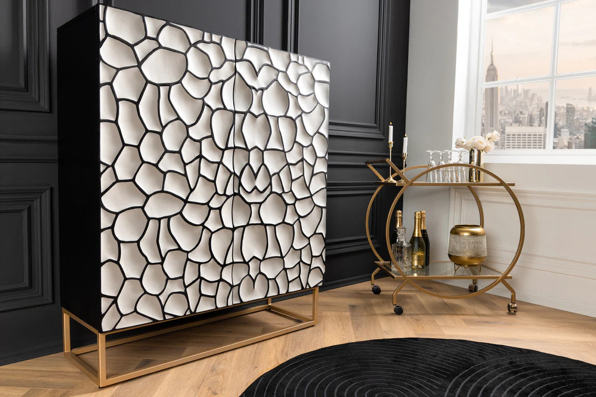 
Massivholz Design Highboard „Vulcan Mosaik“ - Weiss / Schwarz