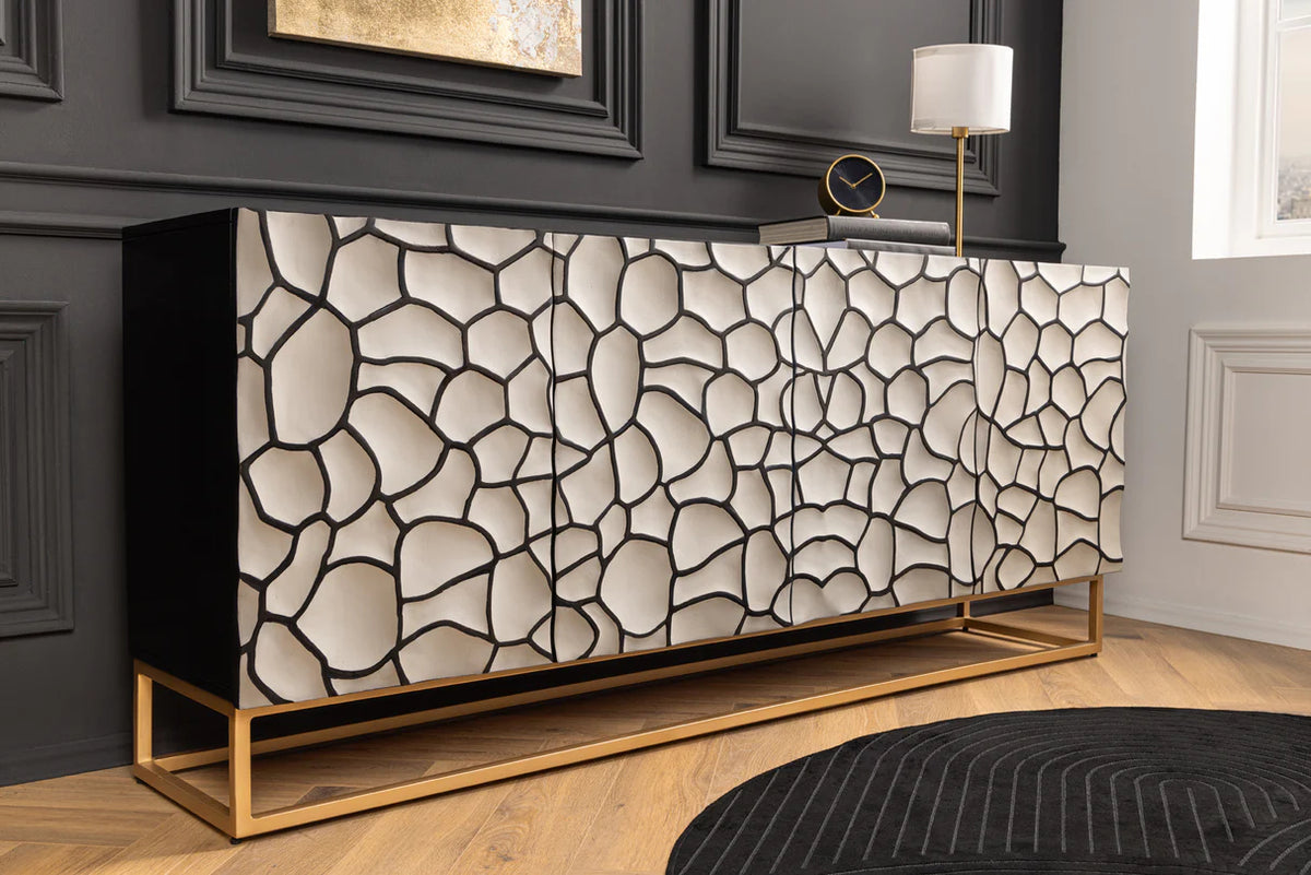 
Massivholz Design Sideboard „Vulcan Mosaik“ - Weiss / Schwarz