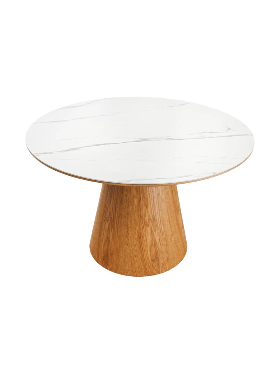 
Round Ceramic Design Dining Table "Uniquo" Ø 120 cm - Marble Look White/Oak Wood