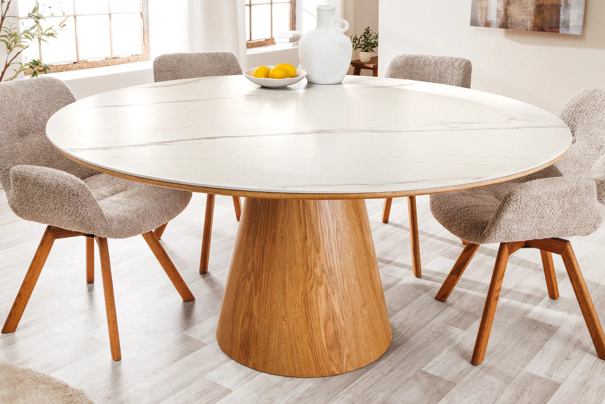 
Round Ceramic Design Dining Table "Uniquo" Ø 120 cm - Marble Look White/Oak Wood