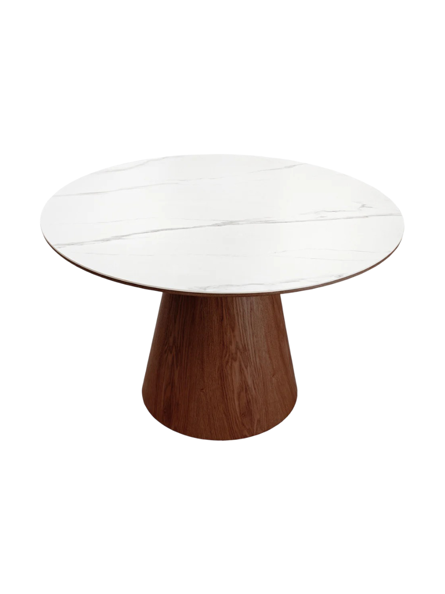 
Round Ceramic Design Dining Table "Uniquo" Ø 120 cm - Marble effect White/Walnut