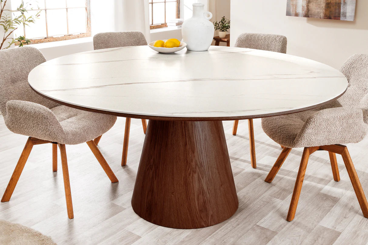 
Round Ceramic Design Dining Table "Uniquo" Ø 120 cm - Marble effect White/Walnut