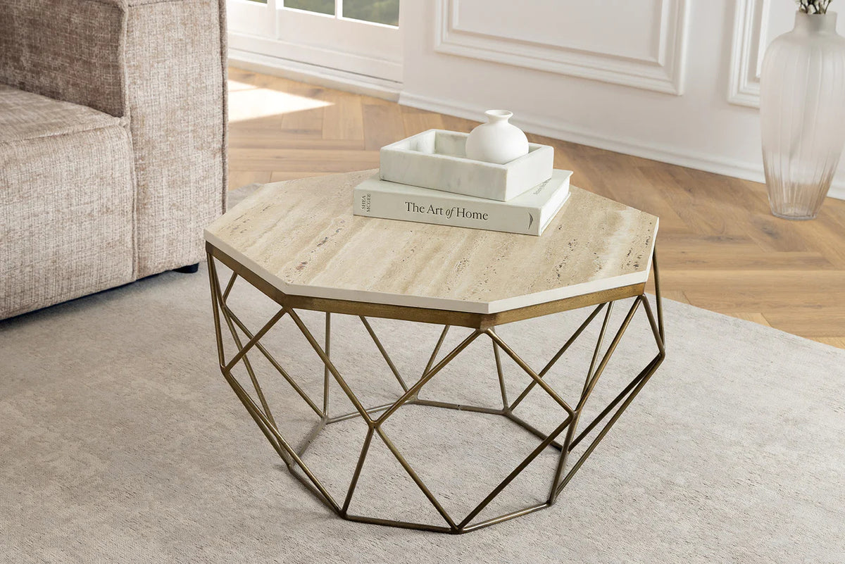 
Tavolino da salotto di design „Diamond“ con piano in travertino Ø 70 cm - Oro/Beige