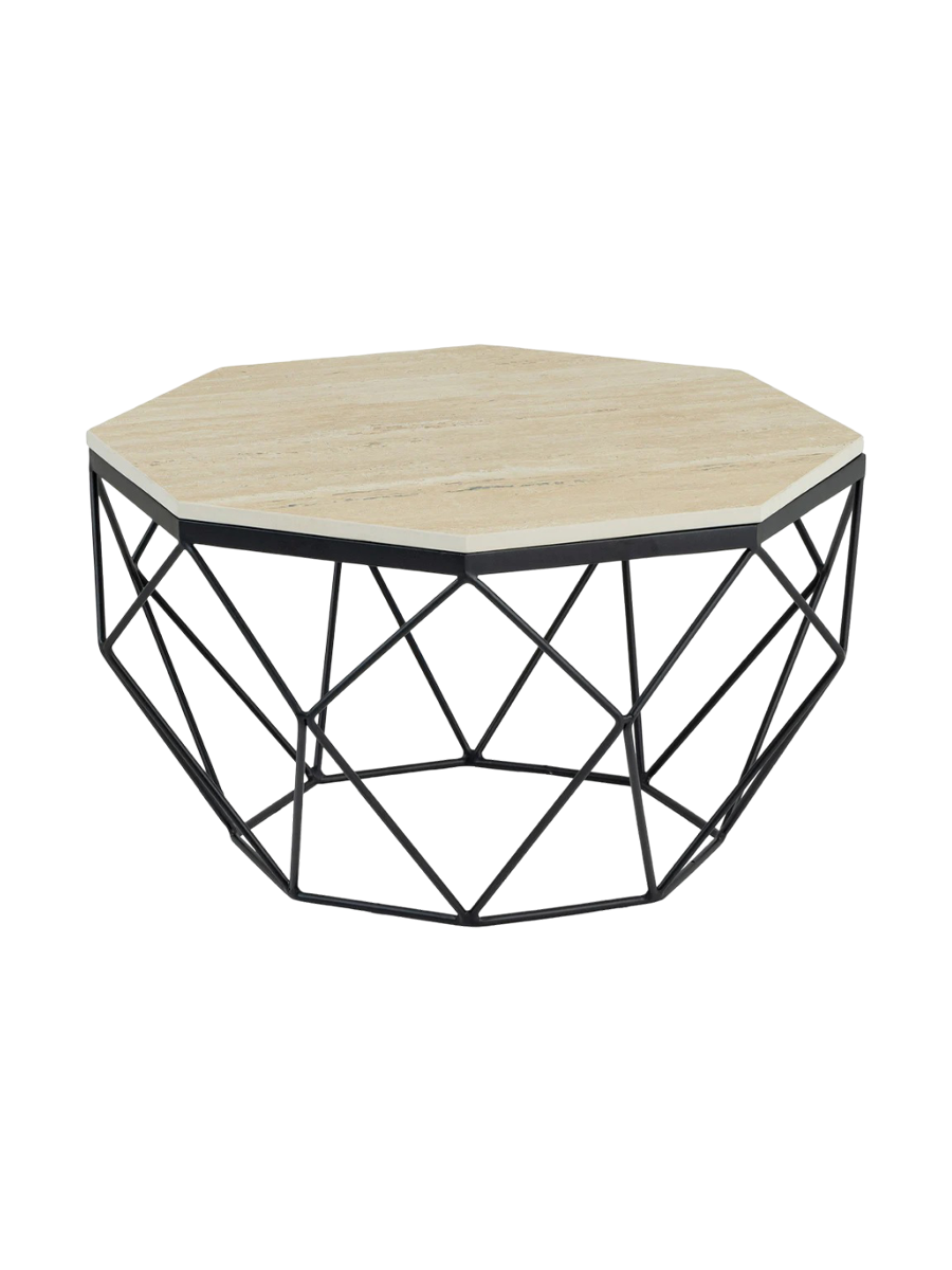 
Tavolino da salotto di design „Diamond“ con piano in travertino Ø 70 cm - Nero/Beige