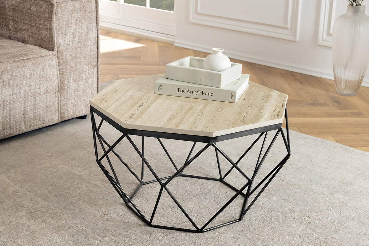 
Tavolino da salotto di design „Diamond“ con piano in travertino Ø 70 cm - Nero/Beige