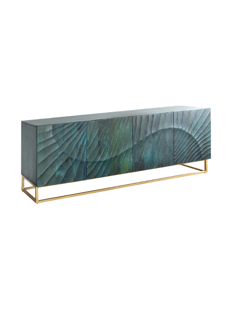 
Grosses Massivholz Sideboard „Skorpion“ - Türkis / Gold