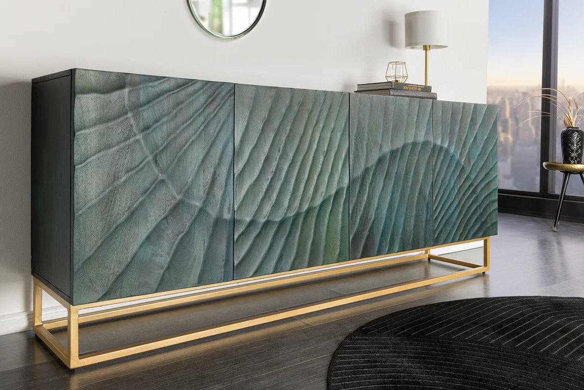 
Grosses Massivholz Sideboard „Skorpion“ - Türkis / Gold