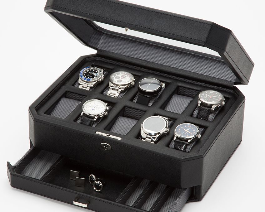 
Boîte à montres « Windsor » pour 10 montres-bracelets avec espace de rangement supplémentaire - Noir