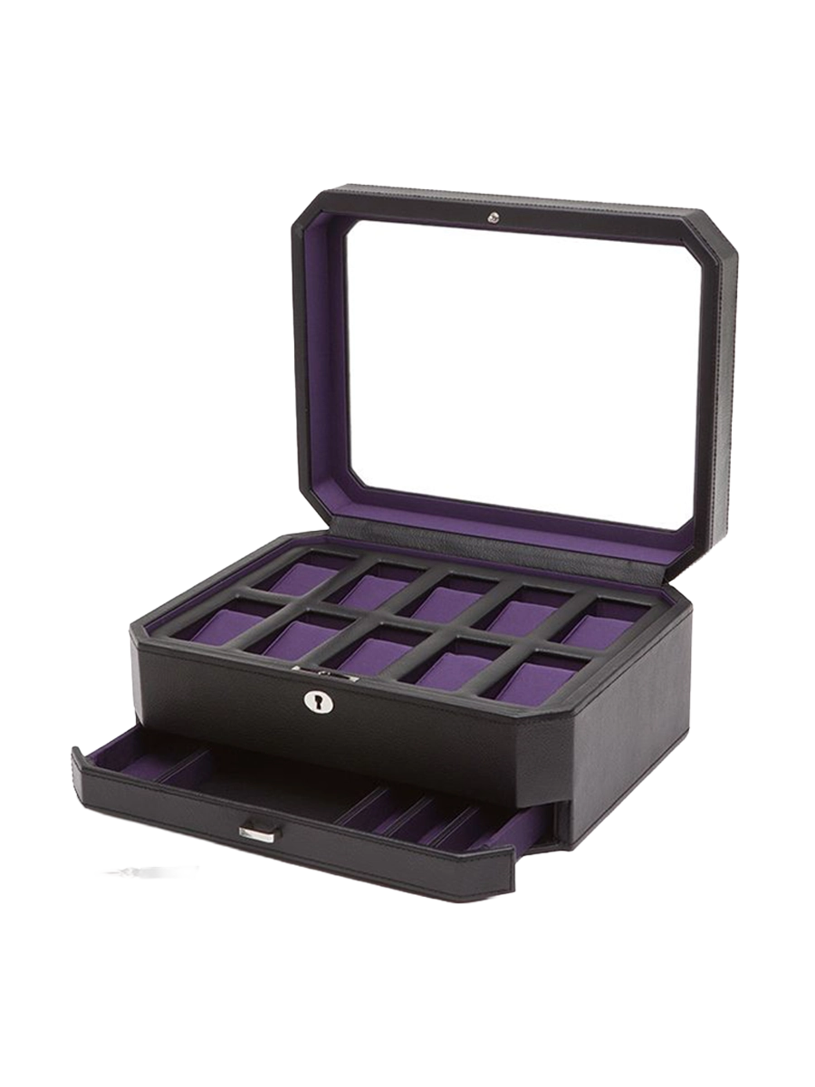 
Boîte à montres « Windsor » pour 10 montres-bracelets avec espace de rangement supplémentaire - Noir / Violet