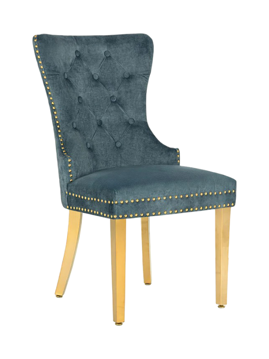 
"Castle" Designer Dining Chair with Lion Head - Gold / Gasoline