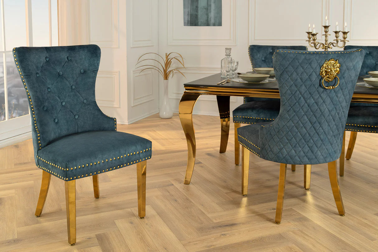 
"Castle" Designer Dining Chair with Lion Head - Gold / Gasoline