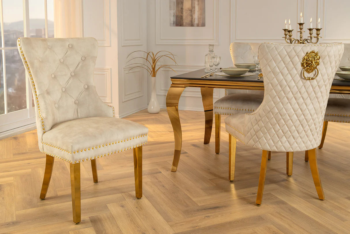 
"Castle" Designer Dining Chair with Lion Head - Gold / Beige