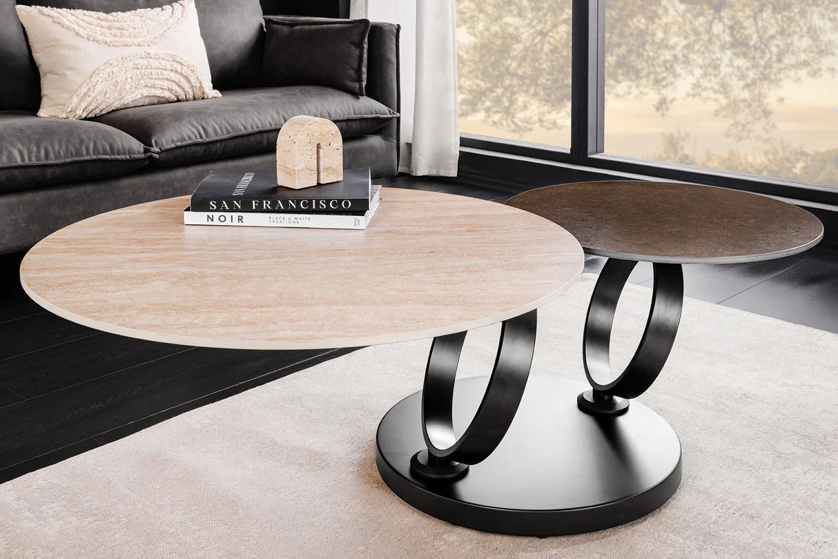 
Swiveling Ceramic Design Coffee Table "Dancing" - Travertine & Rust Effect