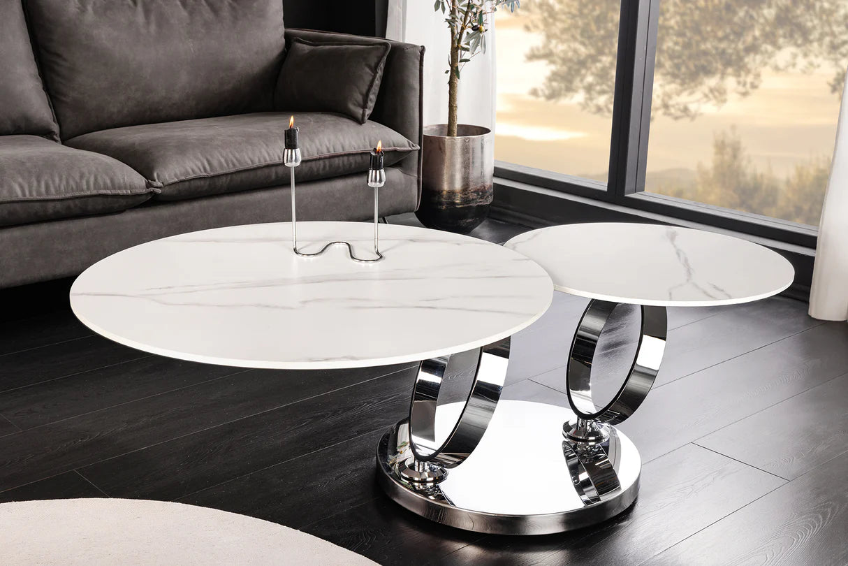 
Swiveling Ceramic Design Coffee Table "Dancing" - White / Silver