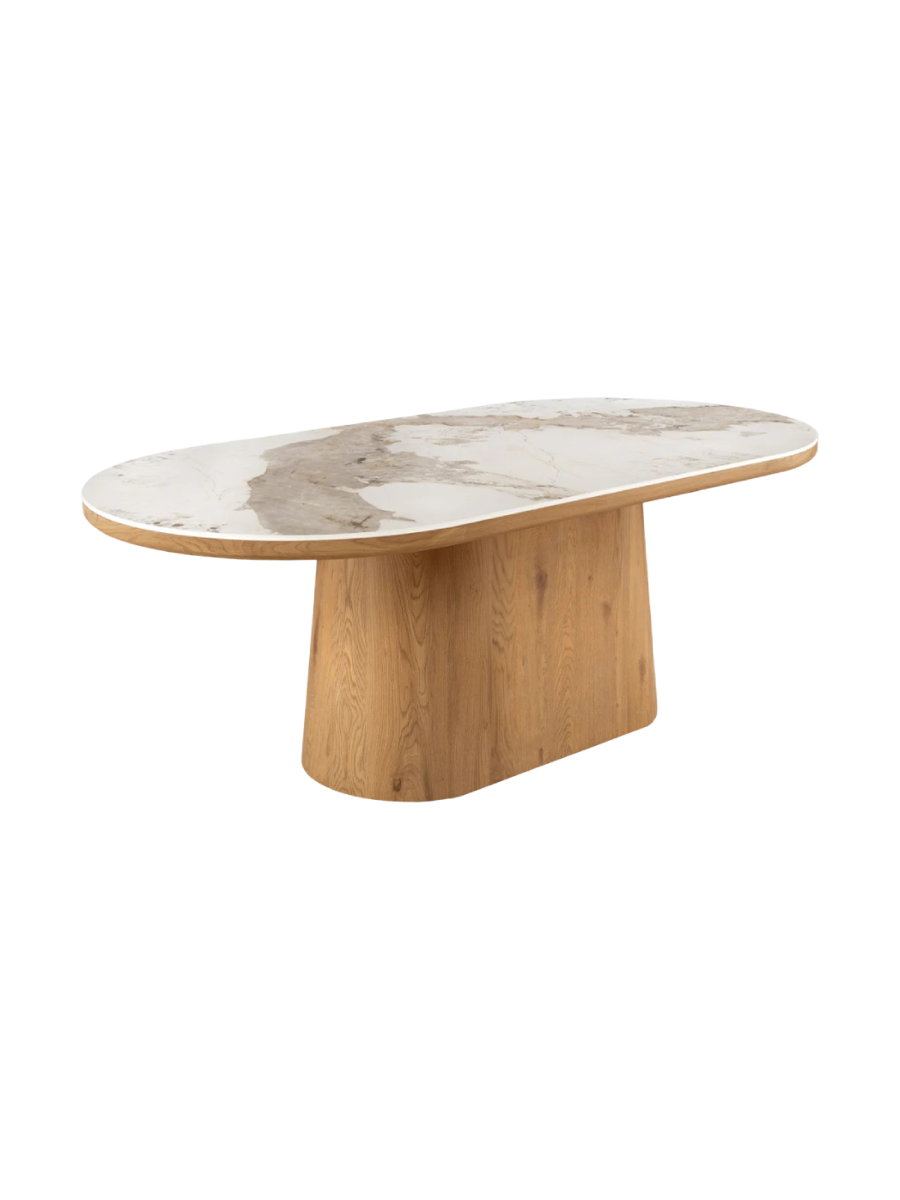 
"Uniquo" Ceramic Design Dining Table 200 x 100 cm - Light marble look/Oak wood