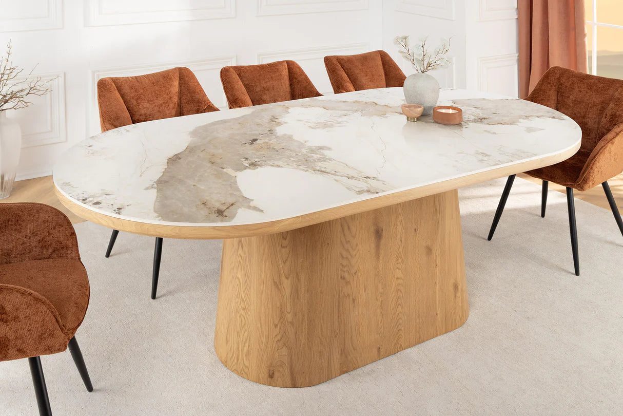 
"Uniquo" Ceramic Design Dining Table 200 x 100 cm - Light marble look/Oak wood