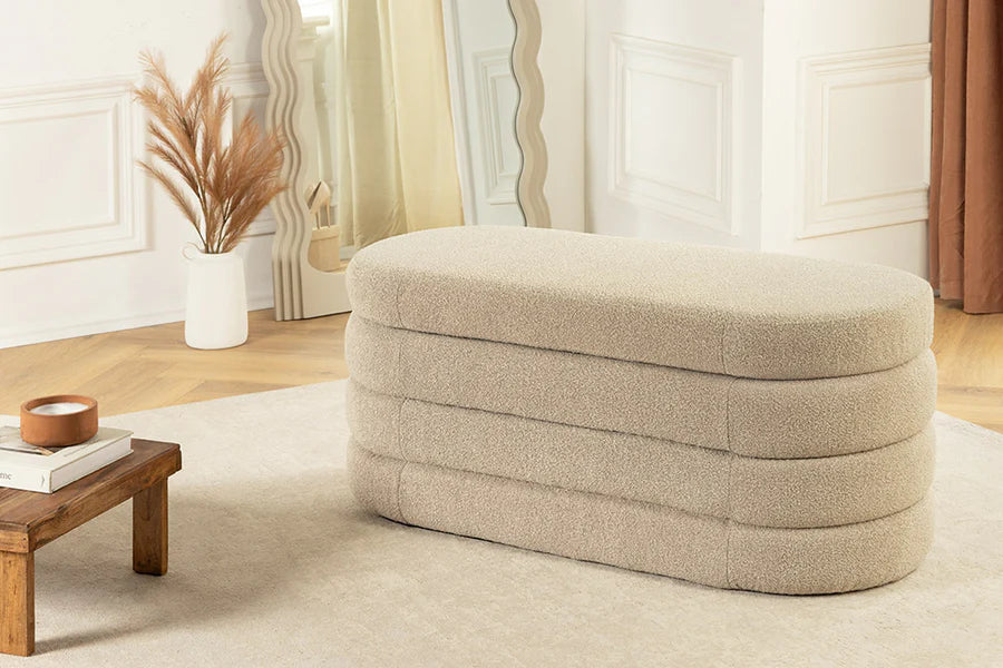 
Banc capitonné design « Vogue » avec rangement - Boucle taupe