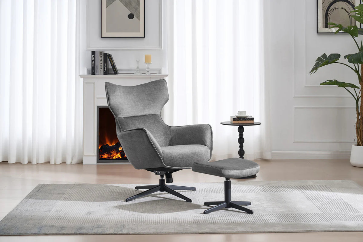 
Fauteuil design pivotant à 360° « Mileys » - Avec repose-pieds / Revêtement velours gris