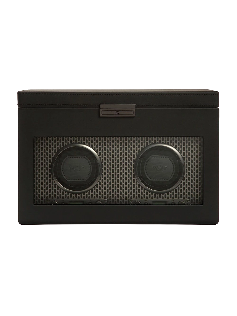 
"Axis Double Watch Winder" with jewelry compartment and travel case - Black
