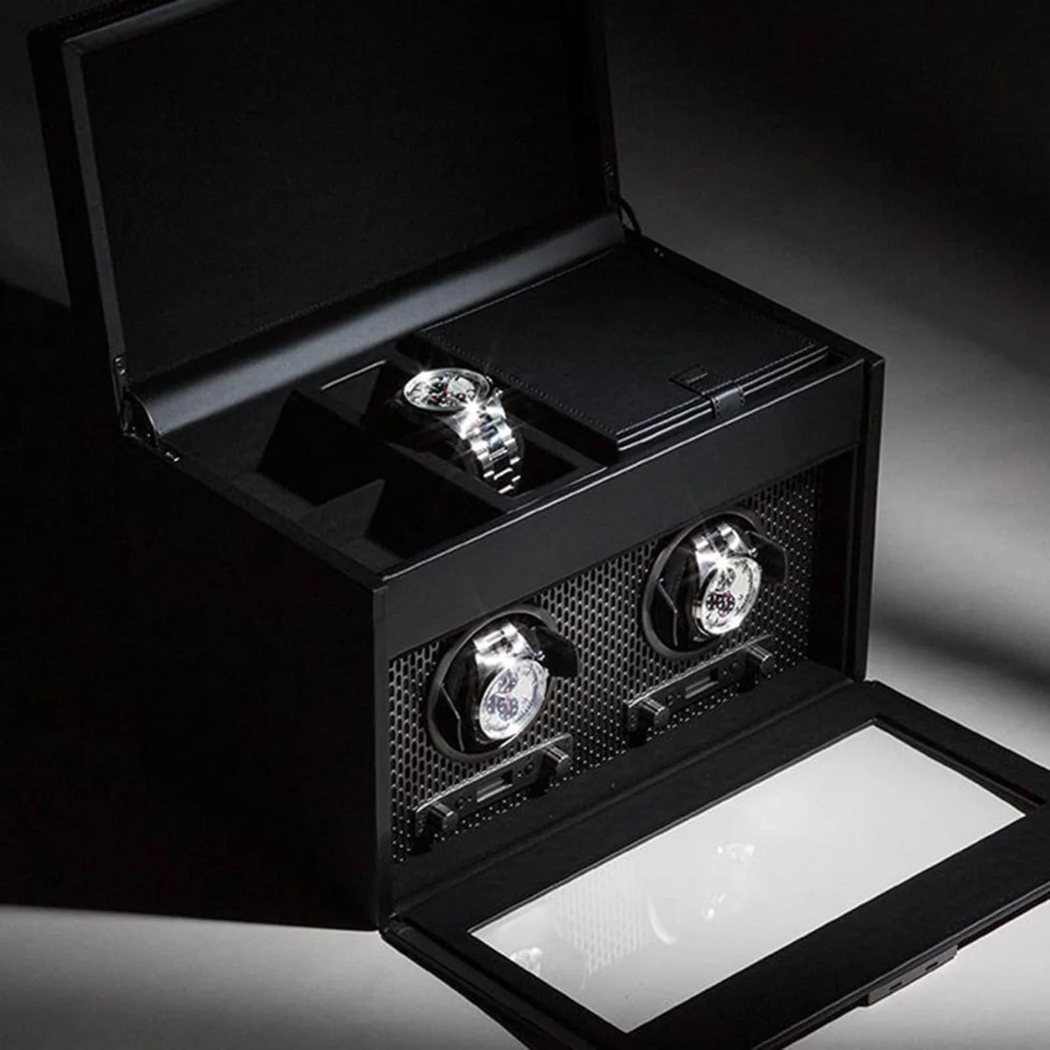 
"Axis Double Watch Winder" with jewelry compartment and travel case - Black