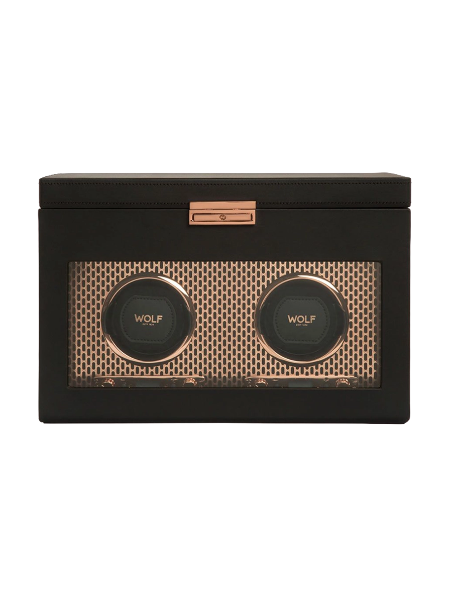 
"Axis Double Watch Winder" with jewelry compartment and travel case - Copper