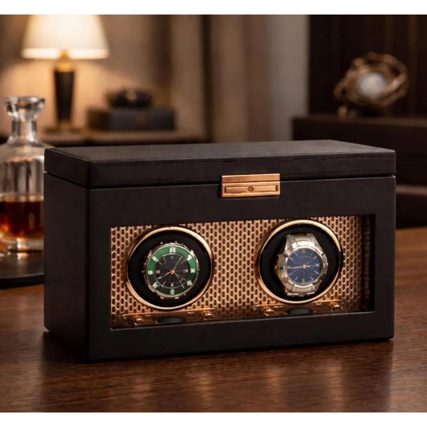 
"Axis Double Watch Winder" with jewelry compartment and travel case - Copper