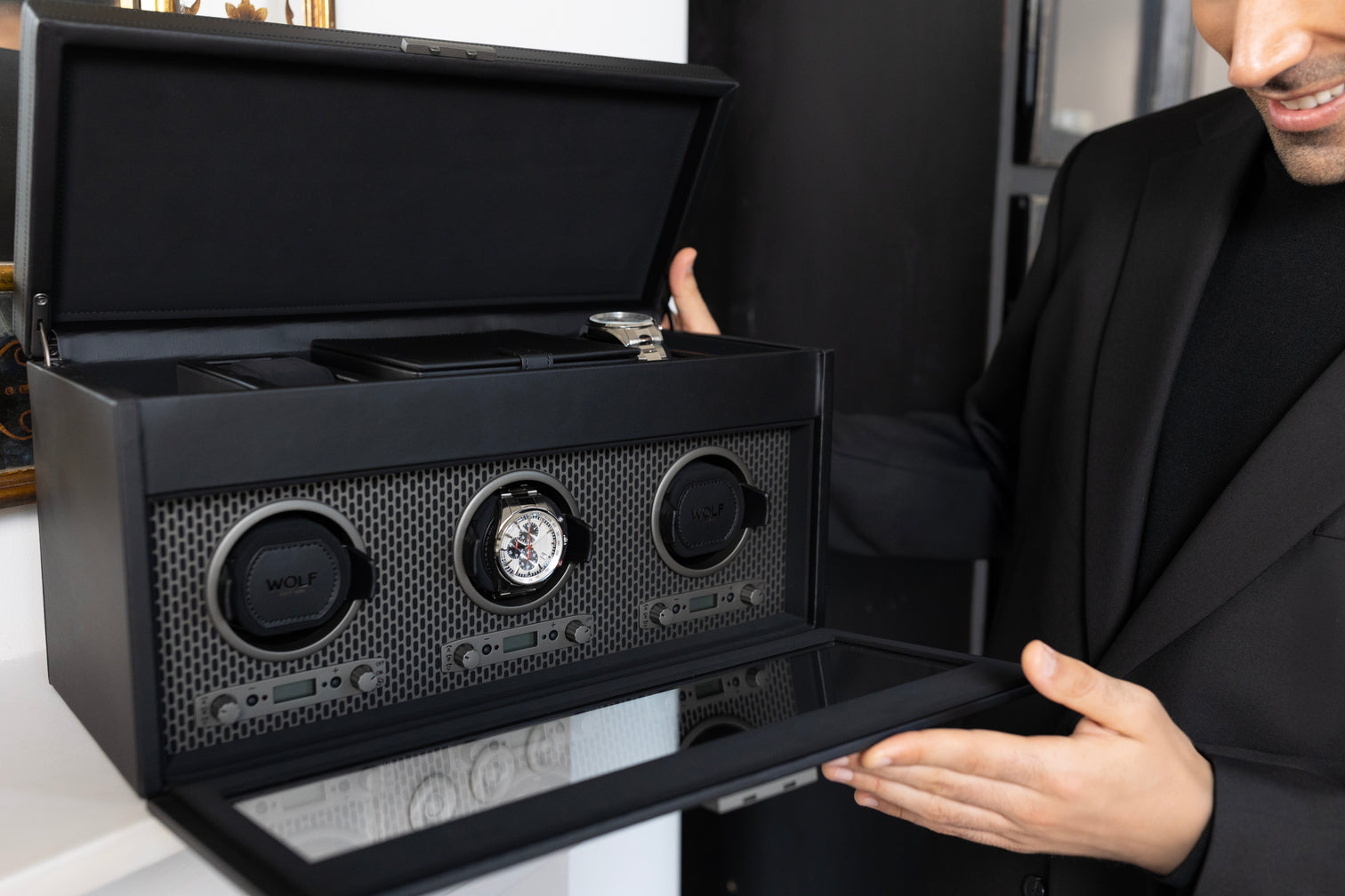 
"Axis Triple Watch Winder" with Jewelry Compartment and Travel Case - Black