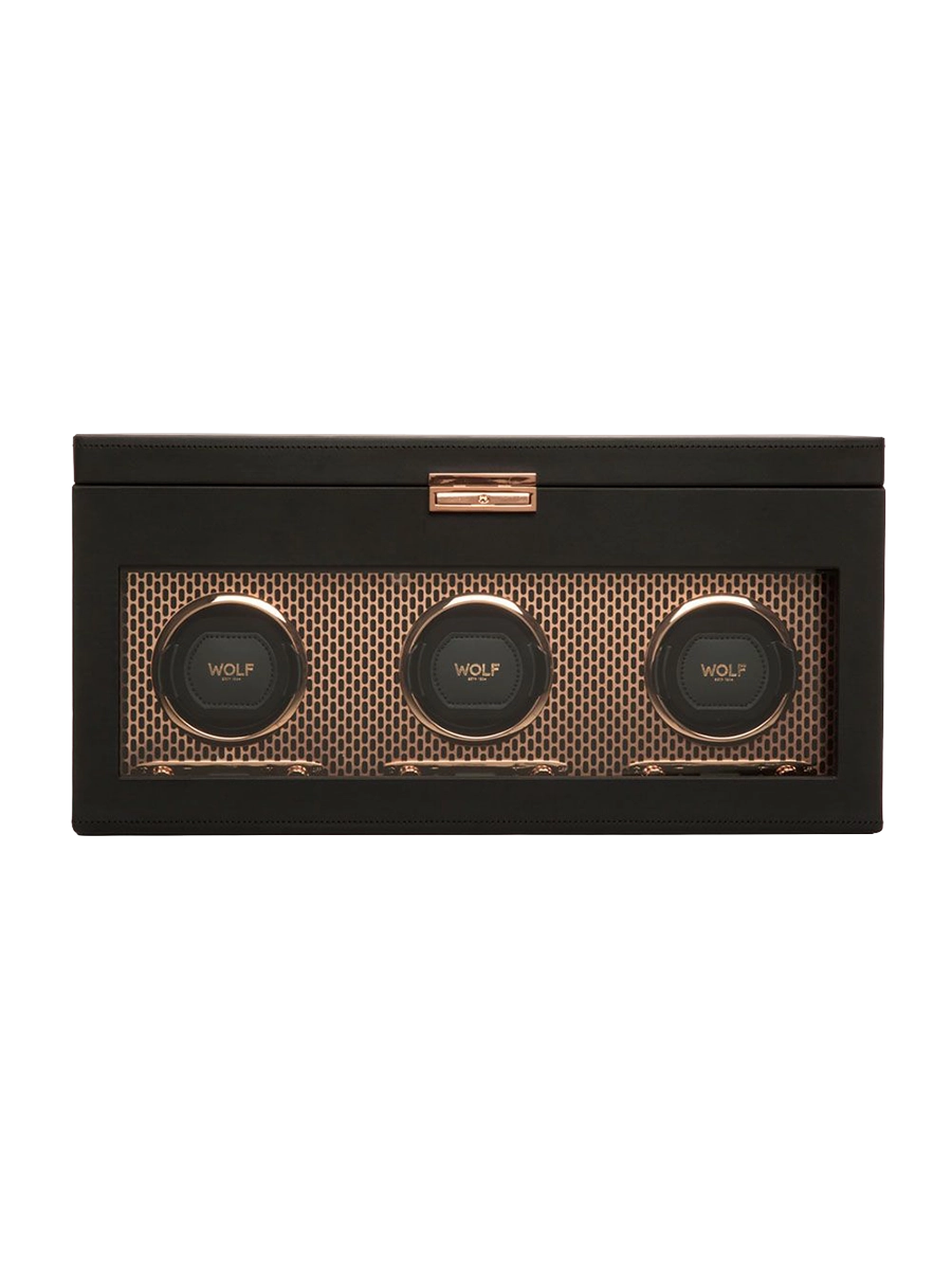 
"Axis Triple Watch Winder" with Jewelry Compartment and Travel Case - Copper