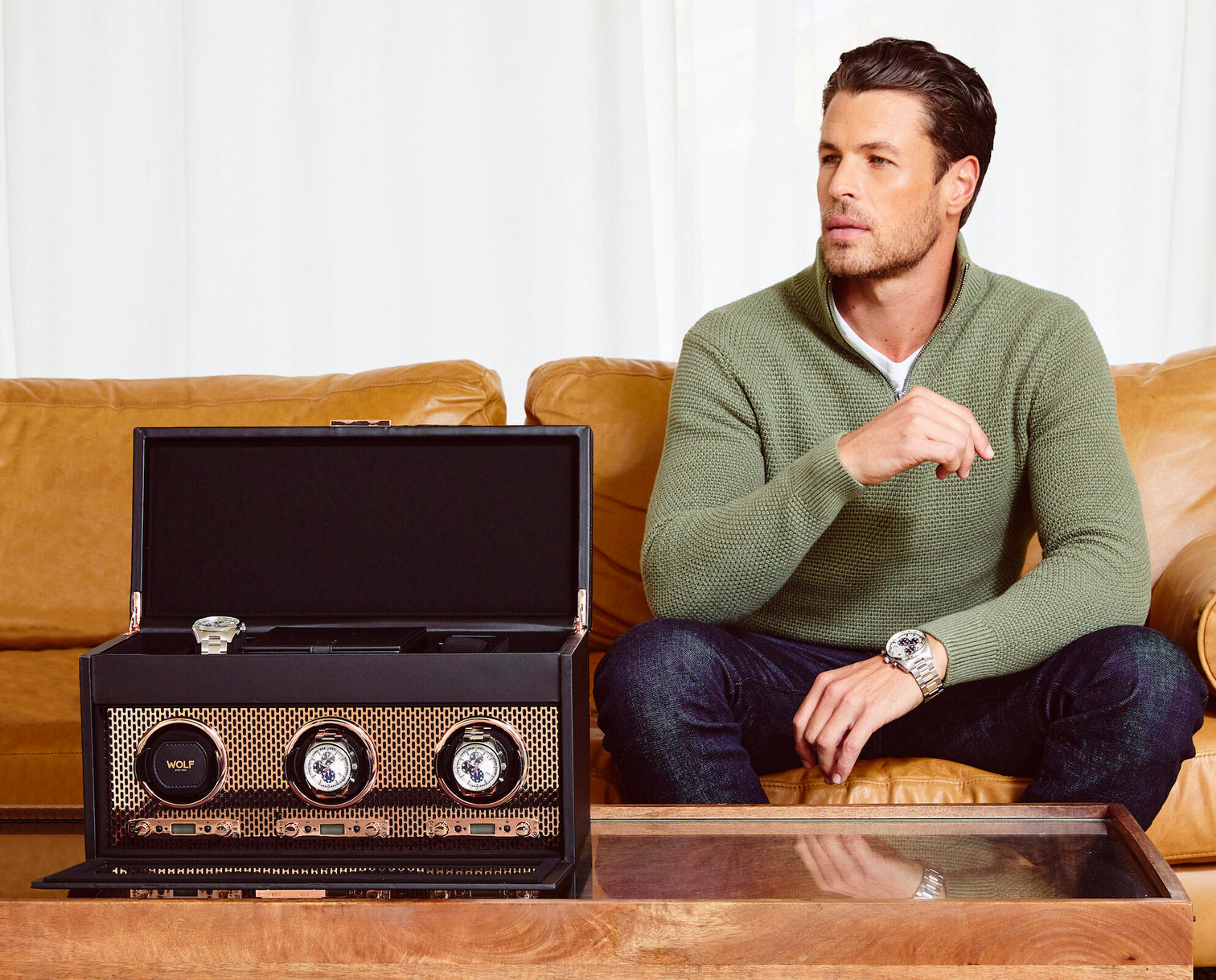 
"Axis Triple Watch Winder" with Jewelry Compartment and Travel Case - Copper
