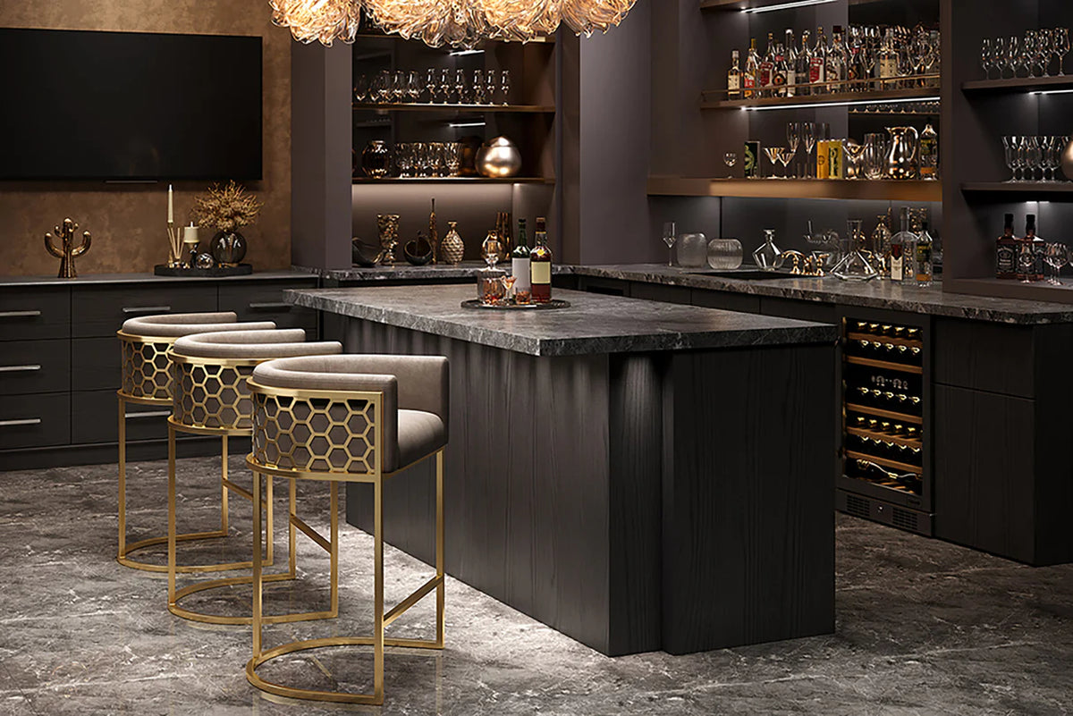 
Design Barstuhl „Elegancia“ mit Armlehnen - Edelstahl Gold/Beige