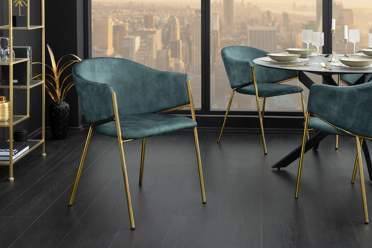 
Sedia da pranzo di design “Noblesso” con braccioli - Rivestimento in velluto Petrolio/Oro
