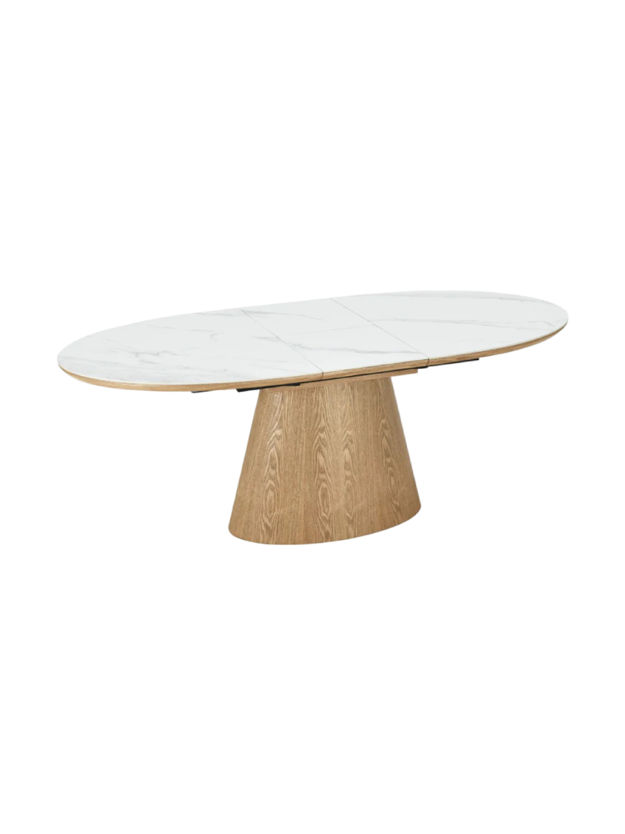
Extendable Ceramic Design Dining Table "Uniquo", 160-200 x 90 cm - Natural / Marble Look White