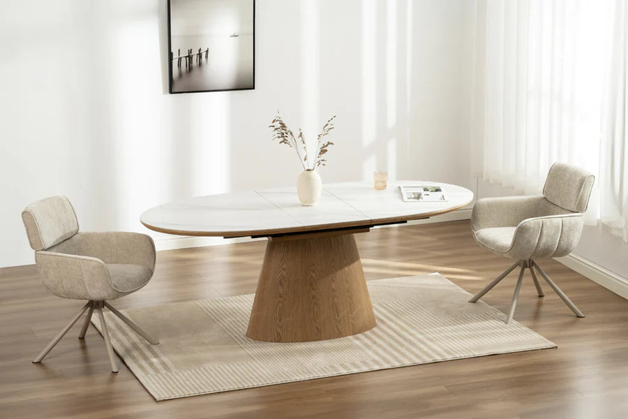 
Extendable Ceramic Design Dining Table "Uniquo", 160-200 x 90 cm - Natural / Marble Look White