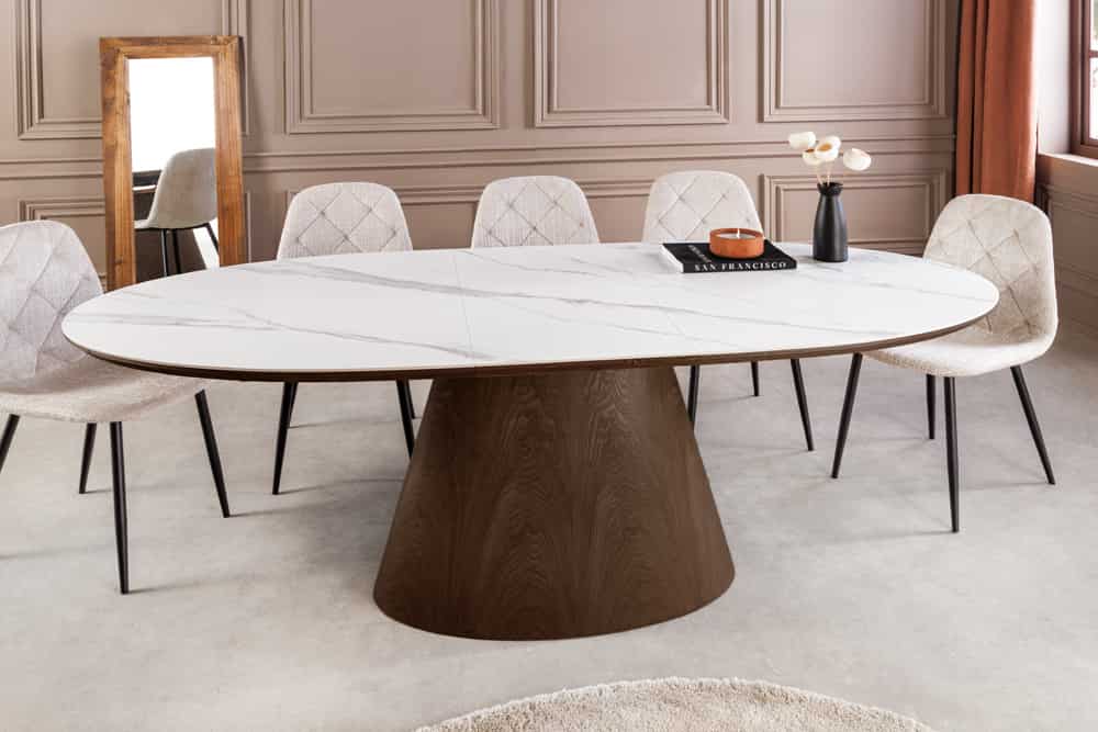 
Extendable Ceramic Design Dining Table "Uniquo", 160-200 x 90 cm - Dark Brown / White Marble Look