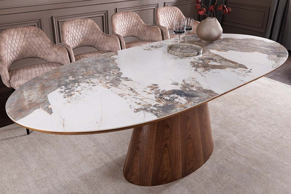 
Extendable Ceramic Design Dining Table "Uniquo", 160-200 x 90 cm - Dark brown / Calacatta marble look