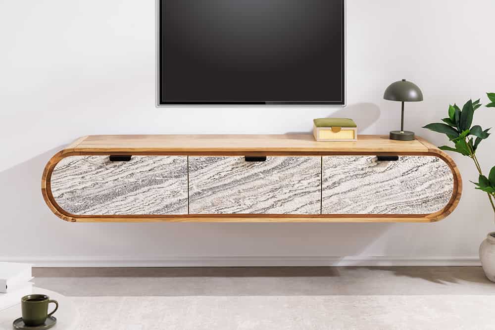 
Massivholz Lowboard „Organic“ für die Wandmontage - Natural, Steinoptik
