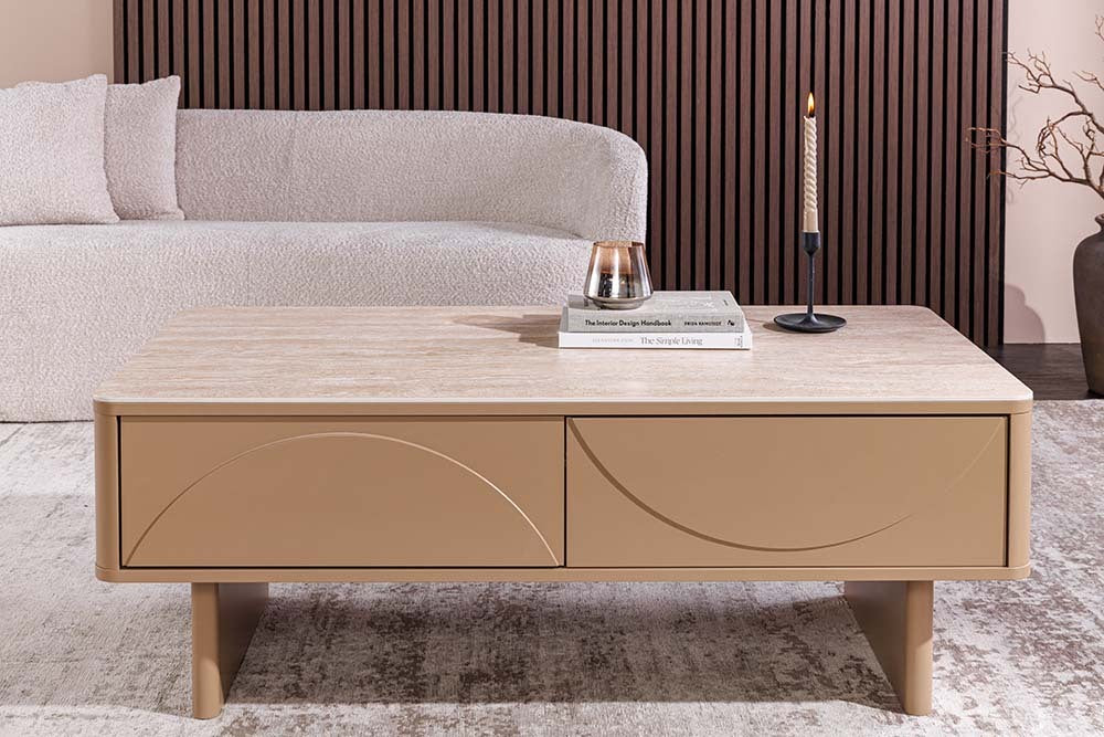 
Designer Coffee Table "Savoy" with Ceramic Tabletop - Travertine
