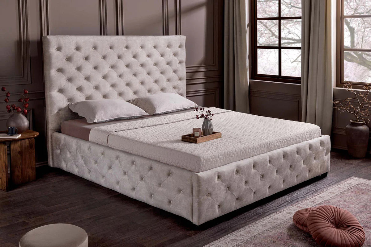 
Lit rembourré design « Noblessa » avec rangement intégré, différentes tailles - 160 x 200 cm / Beige champagne