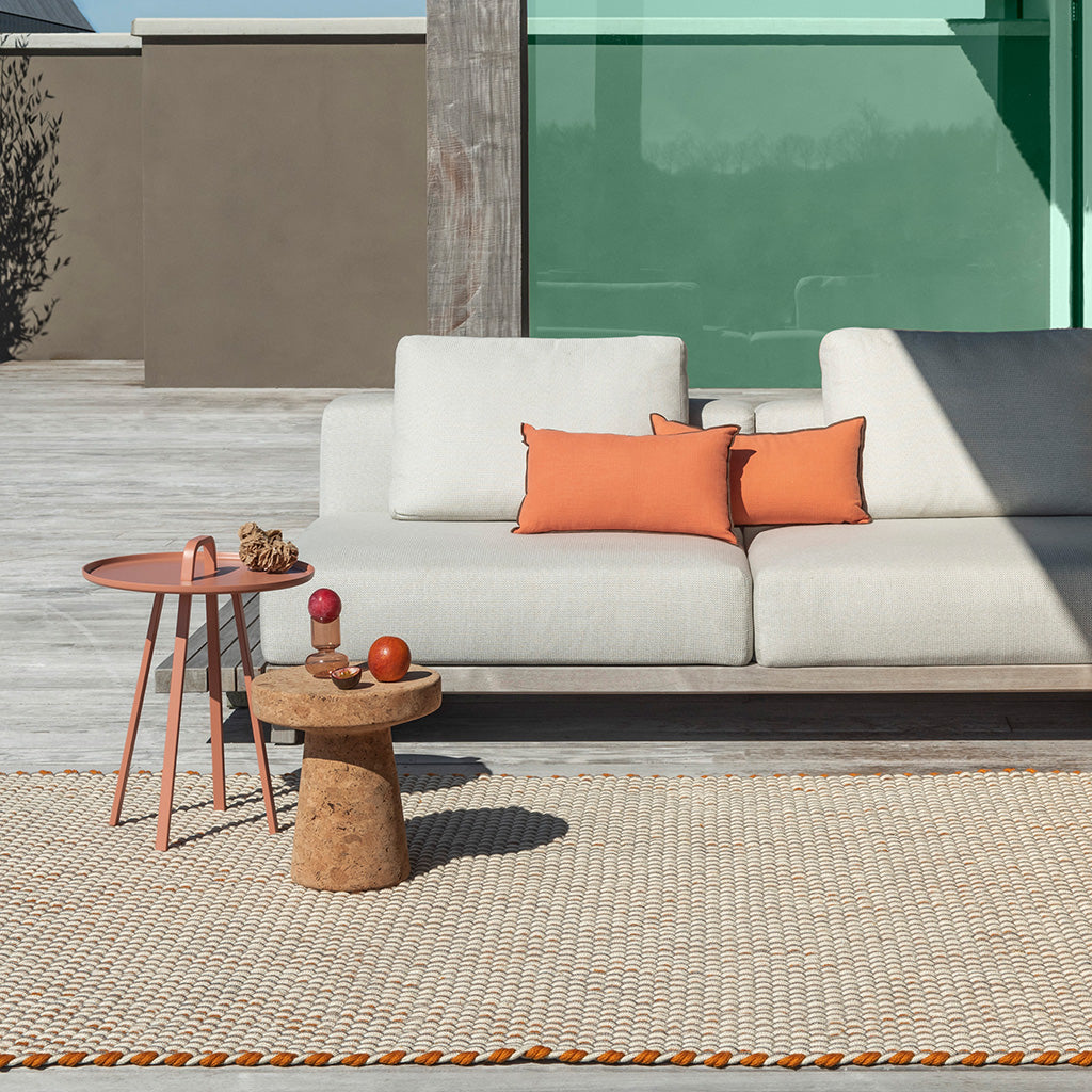 
Handgewebter In-/Outdoor Designer Teppich „Lace Tricolore“ - 140 x 200 cm / Weiss, Sand, Orange