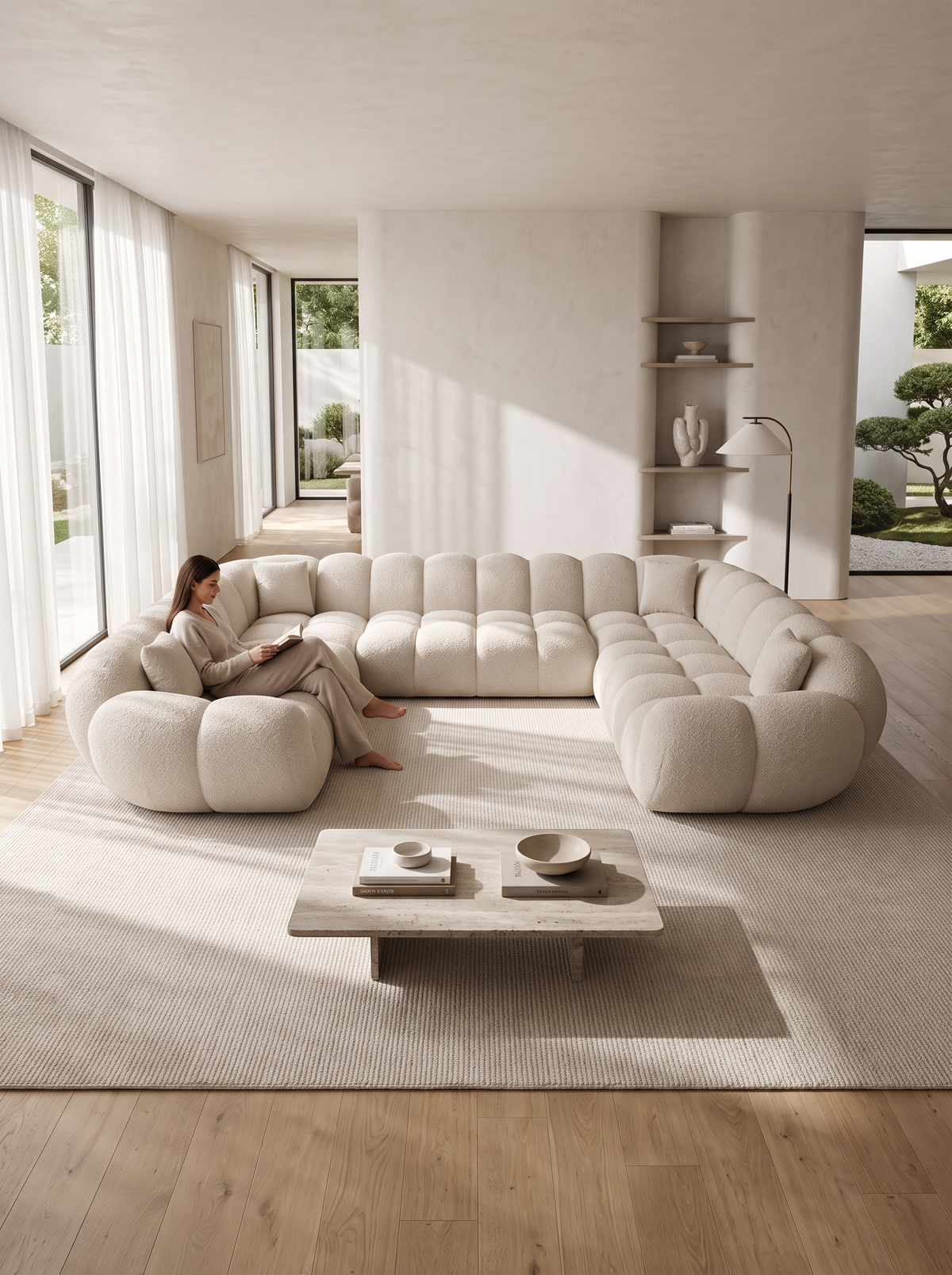 
Divano panoramico di design a 7 posti «Levante Panorama» con rivestimento in bouclé - Bouclé Toffee