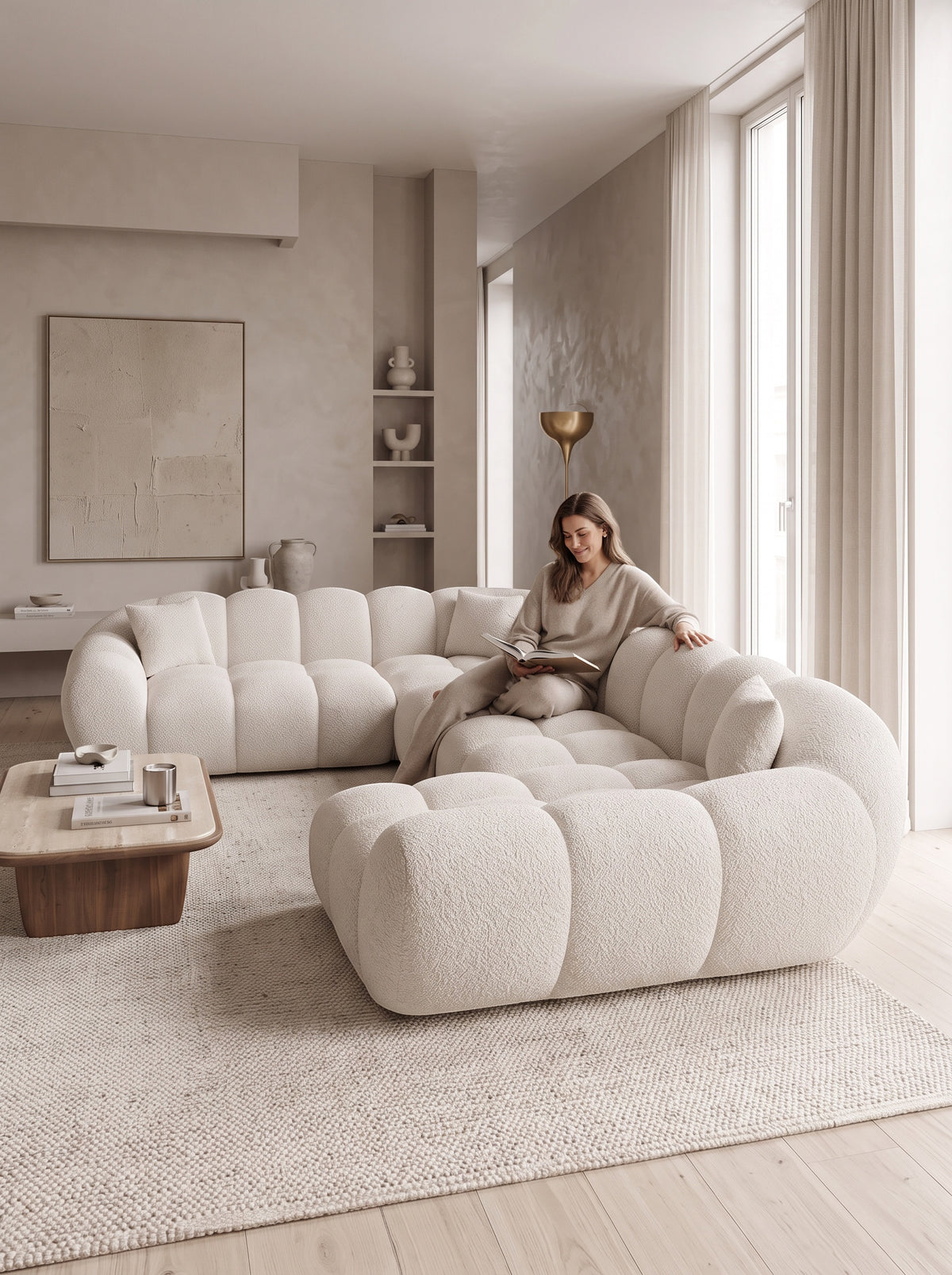 
7-seat designer panoramic sofa “Levante XXL” with bouclé upholstery - Bouclé Toffee / Long side left