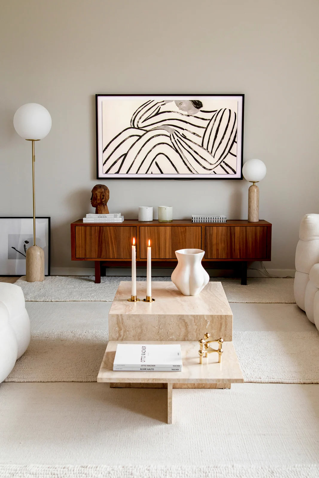 
Lampadaire design « Torrano » avec base en marbre - Travertin