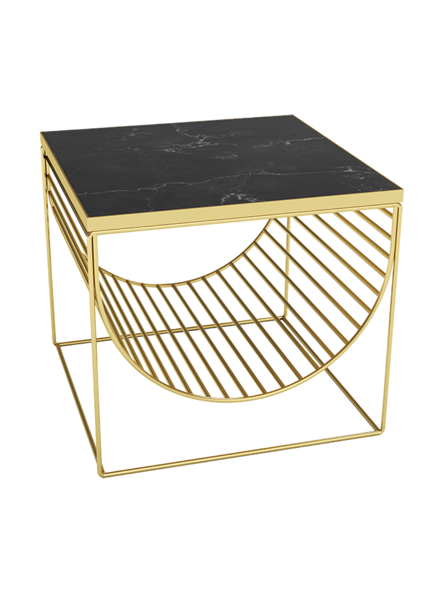 
Table d'appoint et porte-revues design en marbre « Sino » 50 x 50 cm - Noir / Or