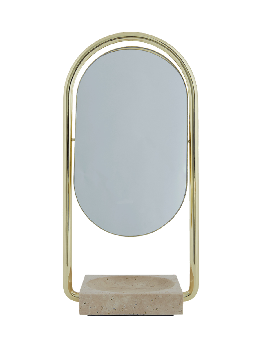 
"Angui" Designer Table Mirror in Travertine & Stainless Steel, Gold/Beige