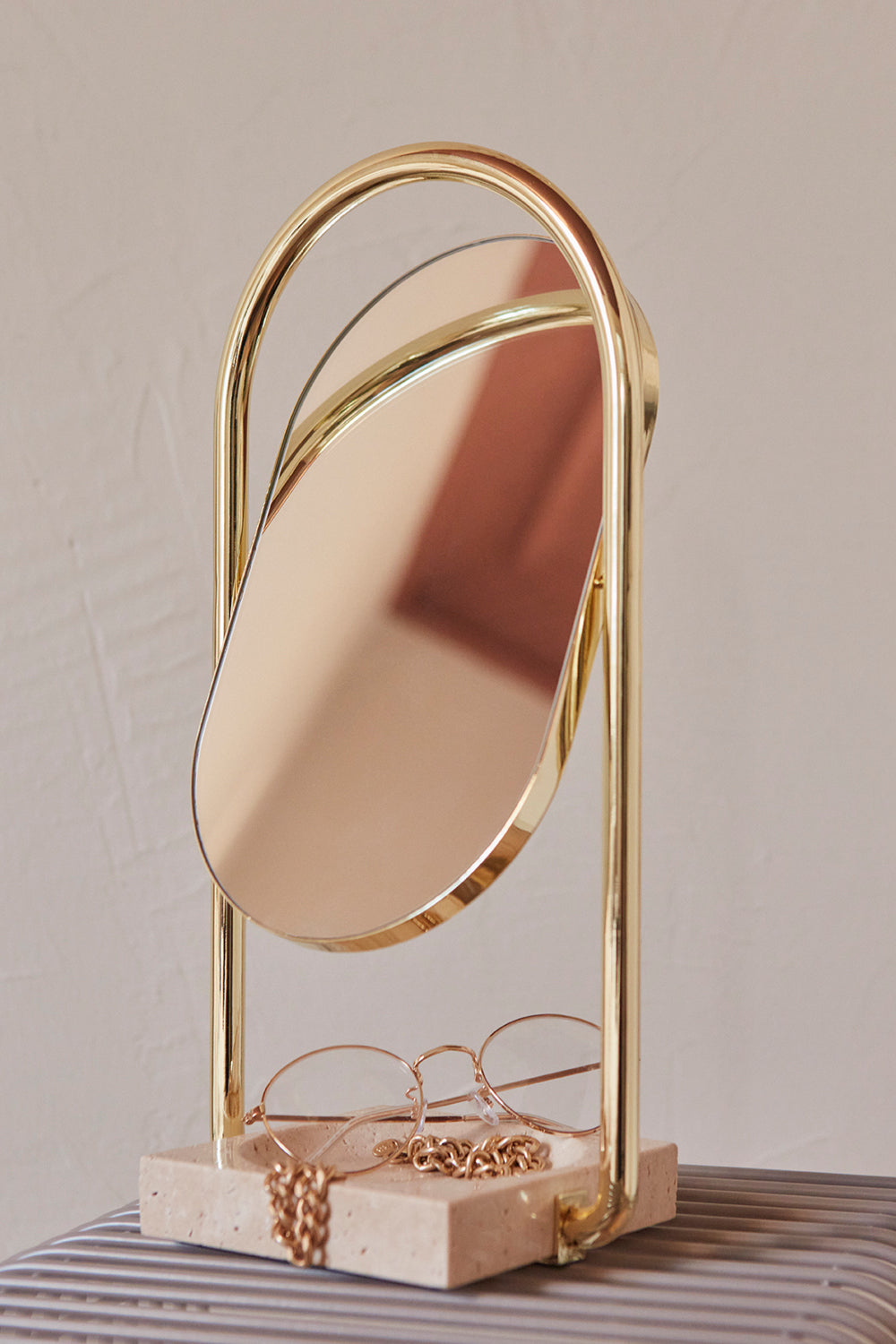 
"Angui" Designer Table Mirror in Travertine & Stainless Steel, Gold/Beige